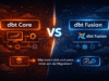 Vergleichende Illustration zu dbt Core und dbt Fusion mit geteiltem Hintergrund. Links dbt Core in Orange mit Symbolen für klassische Datenpipelines, Transformation und Verarbeitung. Rechts dbt Fusion in Blau mit moderner Pipeline-Struktur und dbt-Fusion-Logo. In der Mitte ein visuelles „VS“ als Trennung. Pfeile und Icons unten verdeutlichen die Fragestellung, was sich ändert und wann sich eine Migration lohnt.